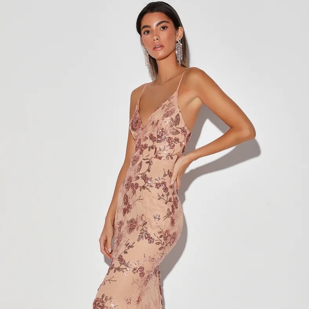Lulu’s Shine Language Rose Gold Sequin Mermaid Maxi Dress